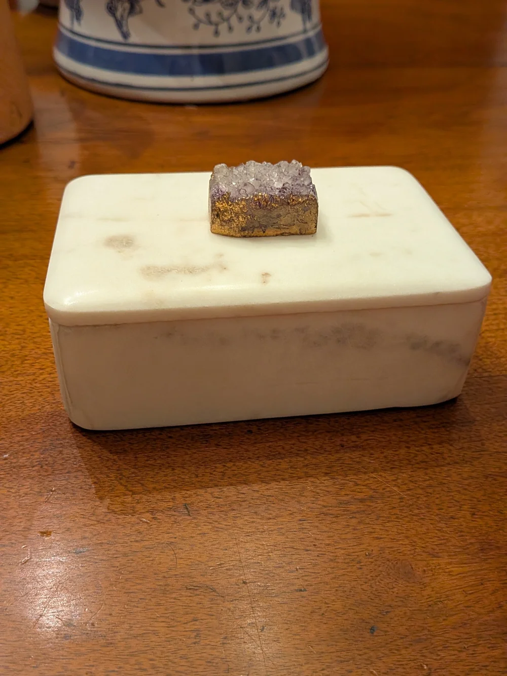 White Marble Decorative Jewelry Box with Amethyst Accent